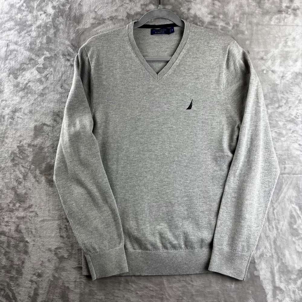 Nautica Navtech V-Neck Sweater‎ Mens Medium Gray Long Sleeve Pullover (1723)